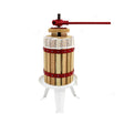 Wooden fruit press with a red metal handle, mesh top, and white base, designed for extracting juice from fruits efficiently