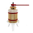 Wooden fruit press with a red metal handle, featuring a sturdy base and mesh strainer, designed for efficient juice extraction