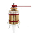 Wooden fruit press with a red metal lever, featuring a sturdy base and mesh strainer, ideal for juicing fruits efficiently