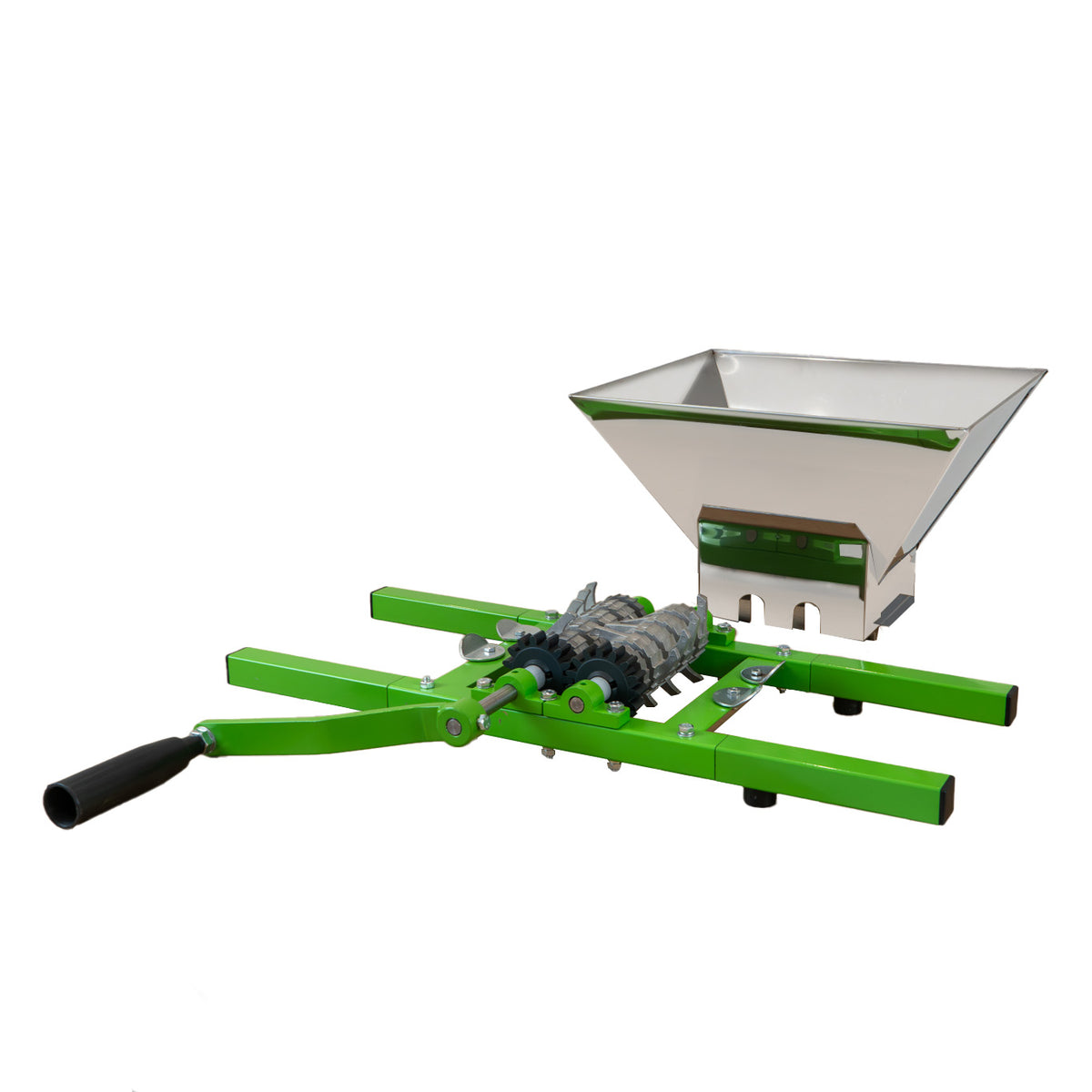 Green metal fruit crusher with a large white hopper, featuring a sturdy handle and textured rollers for efficient crushing