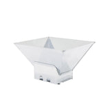 Stainless steel 7-litre fruit crusher with a sleek, shiny surface and a wide, square bowl design for easy fruit processing