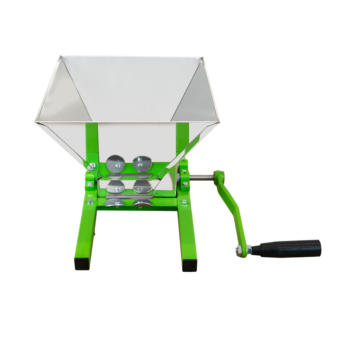 Green and silver 7-litre fruit crusher with a triangular hopper, sturdy metal frame, and a hand crank for easy operation