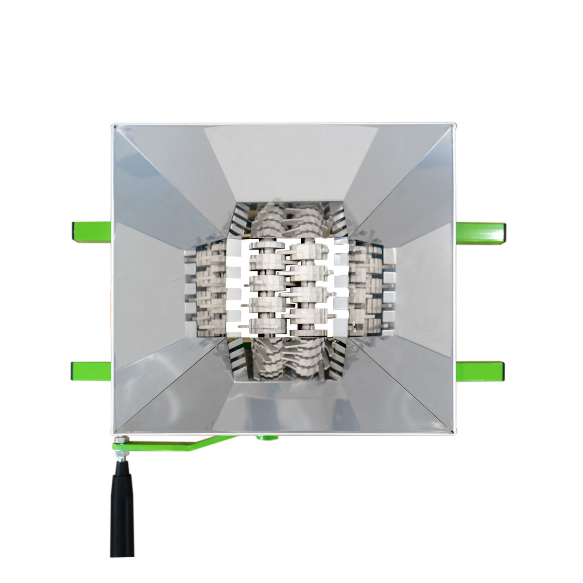 Stainless steel 7-litre fruit crusher with sharp metal blades, green handles, and a square design for efficient fruit processing