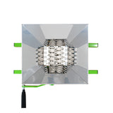 Stainless steel 7-litre fruit crusher with sharp metal blades, green handles, and a square design for efficient fruit processing