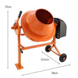 Bright orange T-Mech electric cement mixer with a 70-litre capacity, featuring sturdy wheels, a metal frame, and a large mixing drum