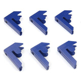 Blue T-Rax bay connectors in a pack of six, featuring a sturdy plastic design with a unique angled shape for secure shelving assembly