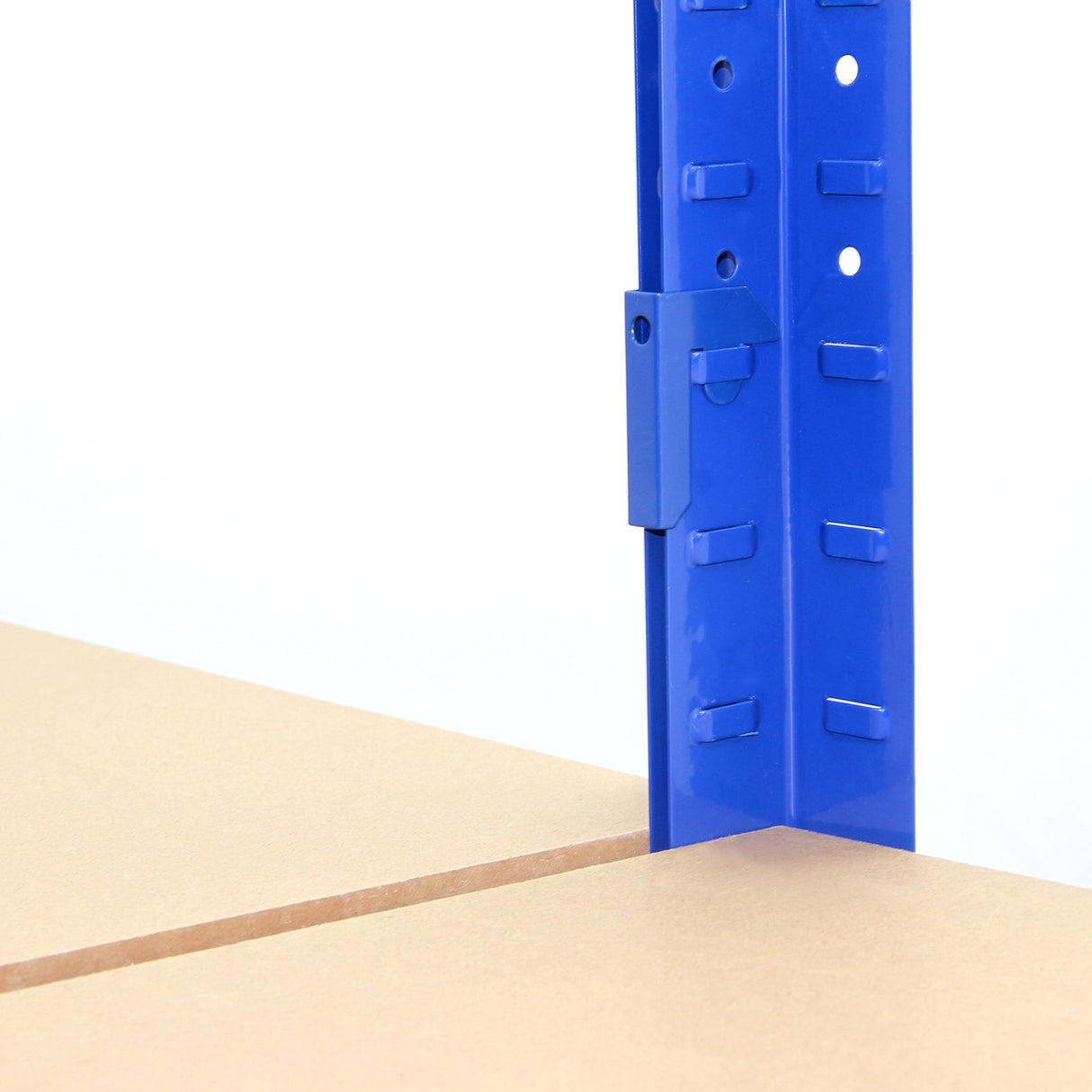 Blue T-Rax bay connector for Monster Racking system, featuring a sturdy metal design with precise holes for secure shelving assembly