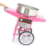 Bright pink cotton candy machine with a stainless steel bowl, sturdy wheels, and a user-friendly control panel for easy operation