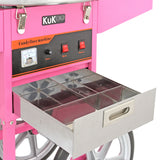 Bright pink candy floss machine with a stainless steel drawer, featuring control buttons and a gauge for power and heat settings