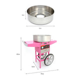 Stainless steel cotton candy machine with a vibrant pink cart, featuring wheels and control panel, dimensions 51cm x 87cm x 97cm
