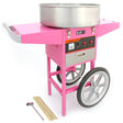 Bright pink KuKoo candy floss machine on a cart with a stainless steel bowl, featuring wheels, controls, and cotton candy sticks