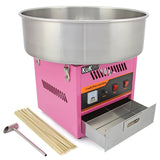 Bright pink candy floss machine with a large stainless steel bowl, control panel, and included wooden sticks for serving