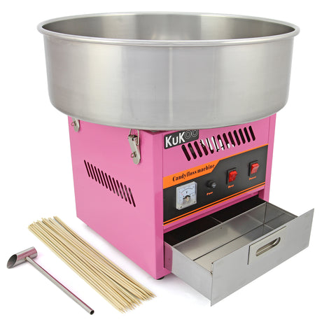Bright pink candy floss machine with a large stainless steel bowl, control panel, and included wooden sticks for serving