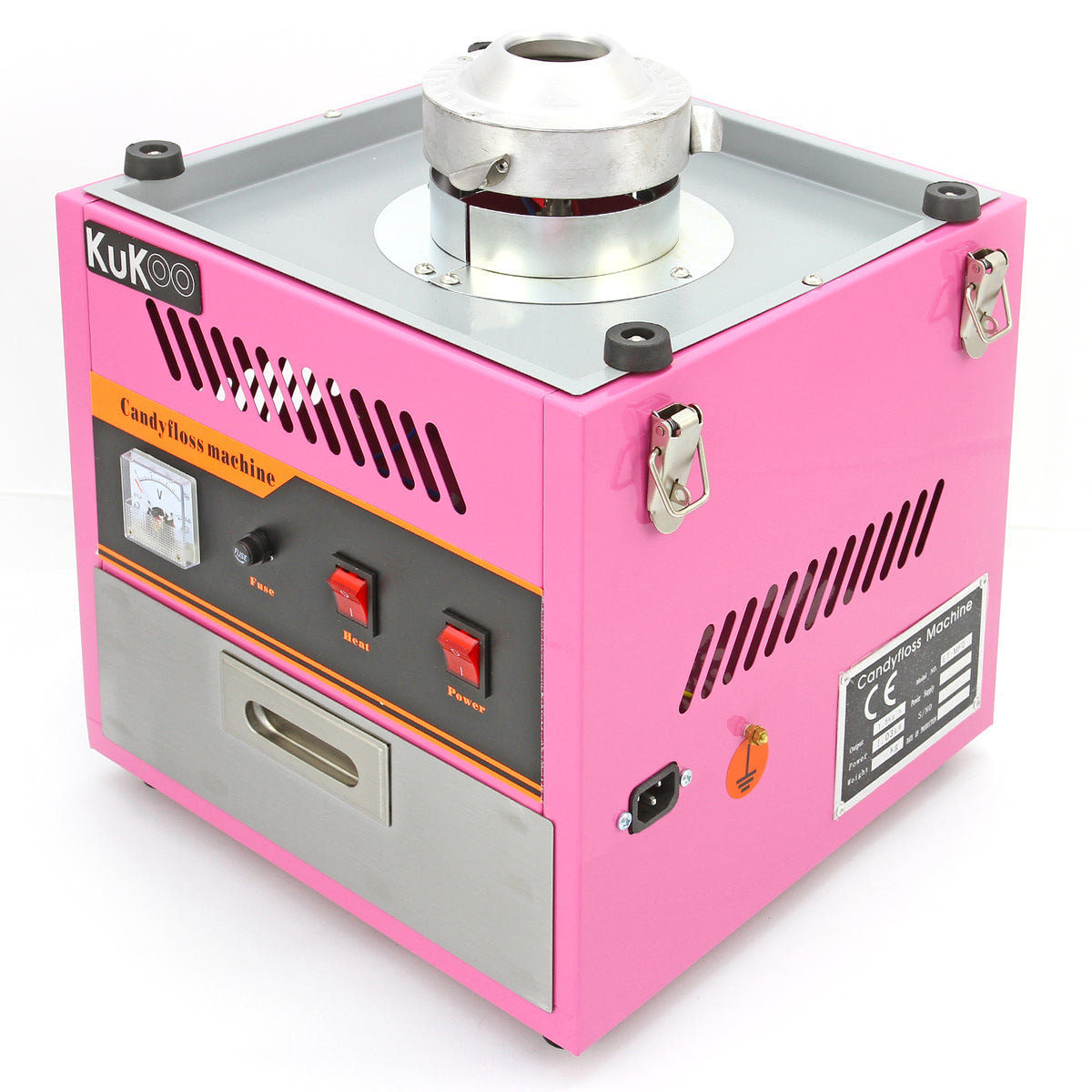 Bright pink candy floss machine with a stainless steel top, featuring control buttons and a sleek design for easy use