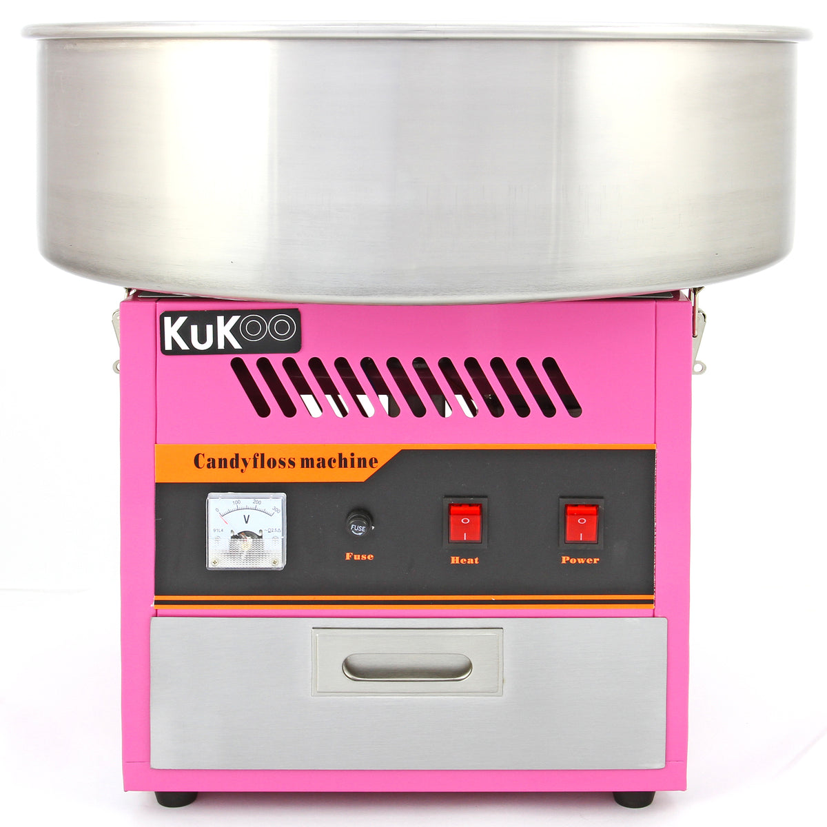 Bright pink candy floss machine with a shiny stainless steel bowl, featuring control buttons for heat and power, perfect for events