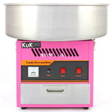 Bright pink candy floss machine with a shiny stainless steel bowl, featuring control buttons for heat and power, perfect for events