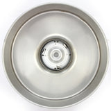 Shiny stainless steel mixing bowl with a smooth surface and a central circular base, ideal for kitchen use and food preparation