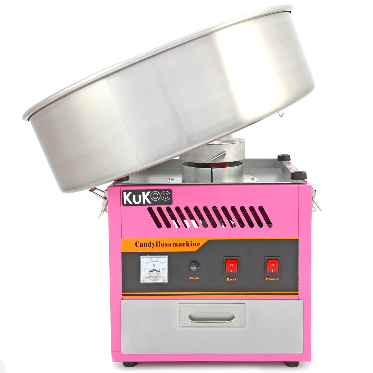 Pink cotton candy machine with a stainless steel bowl, featuring power and heat controls for easy operation
