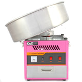 Pink cotton candy machine with a stainless steel bowl, featuring power and heat controls for easy operation