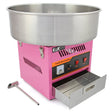 Bright pink KuKoo candy floss machine with a stainless steel bowl, featuring control buttons and a metal drawer for easy access