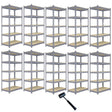 Grey metal racking units in a set of ten, featuring adjustable shelves, sturdy construction, and a rubber mallet for assembly
