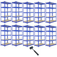 Ten blue metal racking units, each 120 x 50 x 180 cm, featuring sturdy shelves and a rubber mallet for assembly included