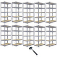 Ten grey metal racking units, each 120 x 50 x 180cm, featuring sturdy shelves and a rubber mallet for easy assembly