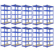 Ten blue metal racking units with a sturdy design, featuring five shelves each, ideal for storage and organization in various spaces
