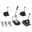 A PixMax badge making bundle featuring a sturdy metal press, three interchangeable molds, and two lever handles for easy use