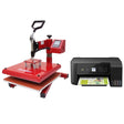 Red PixMax 38cm swing heat press with a digital display alongside a compact black printer, ideal for custom printing projects