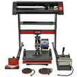 PixMax 5 in 1 heat press and vinyl cutter set featuring a sturdy black frame, red accents, and multiple interchangeable plates for customization