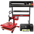 Red PixMax 38cm swing heat press with a sturdy base, vinyl cutter above, and compact printer displaying colorful printed materials
