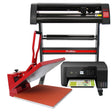 PixMax Heat Press Clam 50x50cm in red, vinyl cutter with black and silver accents, and compact printer with control panel and paper