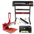 PixMax 38cm clam heat press in red, vinyl cutter, printer, and weeding pack with various tools and materials for crafting