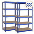 Two blue metal racking units with five shelves each, featuring sturdy connectors, ideal for storage and organization in various spaces