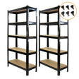 Two black metal racking units with five shelves each, featuring sturdy construction and free bay connectors for stability