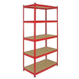 Red Z-Rax shelving unit with five sturdy shelves, featuring a metal frame and smooth, durable wooden surfaces, ideal for storage