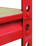 Red metal corner storage shelf unit with sturdy wooden shelves, featuring a sleek design and durable construction for optimal organization