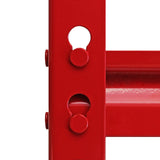 Close-up of the red metal frame of the Monster Racking Z-Rax Corner Storage Shelf Unit, showcasing its sturdy construction and adjustable holes