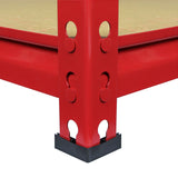 Red metal corner storage shelf unit with sturdy vertical supports, featuring circular holes for stability and a smooth, flat surface