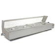Stainless steel 4 pan wet well bain marie with a clear lid, designed for keeping food warm and fresh in a commercial kitchen