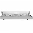 Stainless steel KuKoo 5 pan wet well bain marie with a clear lid, featuring five round food pans for keeping dishes warm