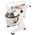 Commercial 10L planetary food mixer with a stainless steel bowl, white body, and adjustable speed control for efficient mixing