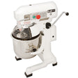 Commercial 15L planetary food mixer in white with stainless steel bowl, featuring a spiral mixing arm and adjustable speed controls