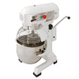 Commercial 20L planetary food mixer with a stainless steel bowl, white body, and a wire whisk attachment for efficient mixing
