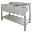 Stainless steel laboratory sink with a single bowl and left-hand drainer, featuring a sleek design and sturdy under-shelf for storage