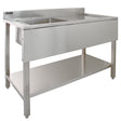 Commercial stainless steel sink with right-hand drainer, featuring a sleek design, smooth surface, and sturdy under-shelf for storage