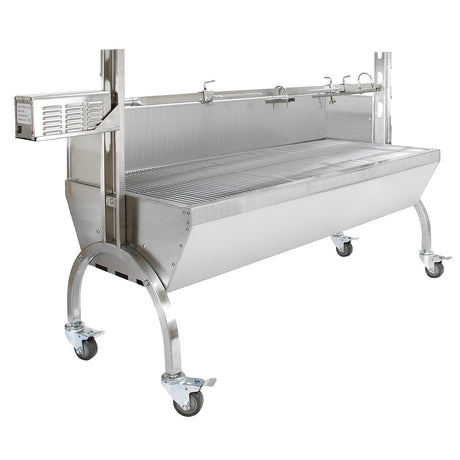 Stainless steel KuKoo 90kg hog roast machine with a sleek design, adjustable height, and sturdy wheels for easy mobility