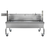 Stainless steel KuKoo 90kg hog roast machine with a spacious grilling area, adjustable height, and sturdy wheels for easy mobility