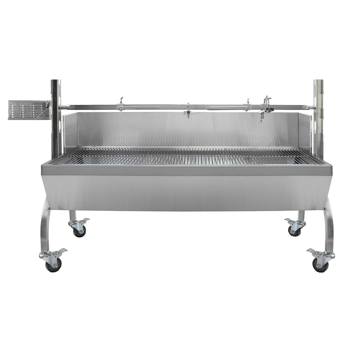 Stainless steel hog roast and flat rotisserie grill attachment with a spacious grilling surface and sturdy wheels for mobility